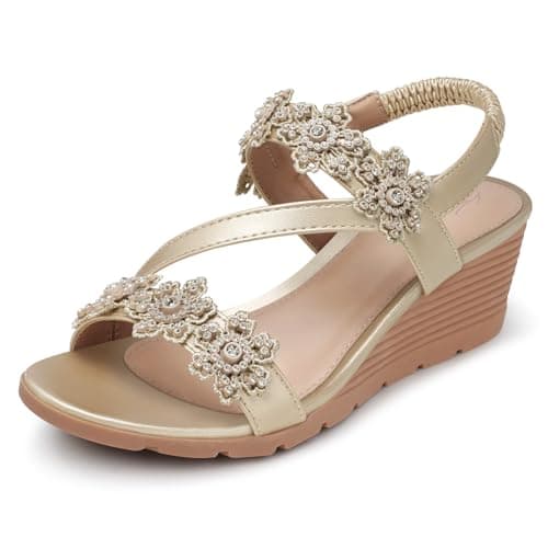 SHIBEVER Women's Comfortable Floral Open Toe Wedge Sandals