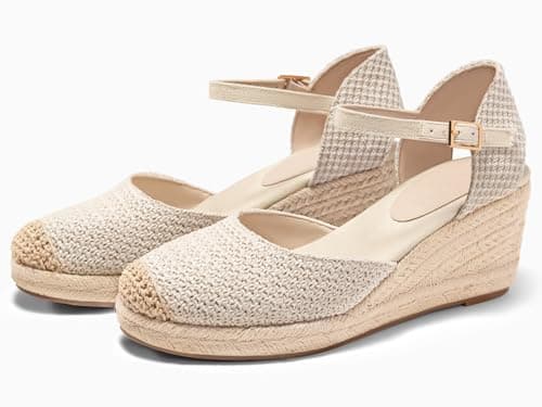 Coutgo Women's Raffia Platform Wedge Sandals with Ankle Buckle Strap