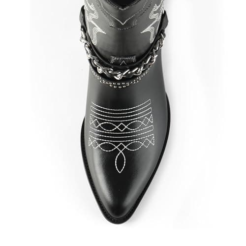 Faux Leather Cowboy Boots for Women with Chain & Embroidery
