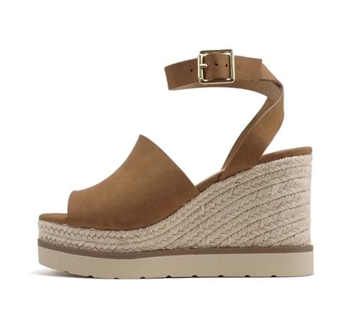 Stella Women's Square Peep Toe Platform Espadrille Wedge Sandals with Ankle Strap