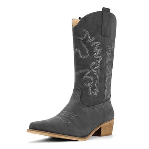 IDIFU Women's Mid-Calf Embroidered Cowboy Boots