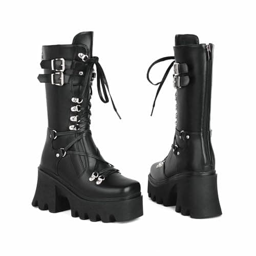 Gothniero Women's Black Knee High Platform Boots Size 5.5-11
