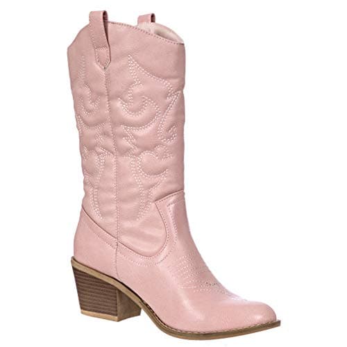 Charlies Albert Women's Mid-Calf Embroidered Cowboy Boots Low Stacked Heel Western