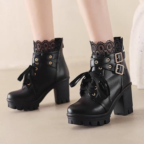 MEOTINA Goth Chunky Platform Ankle Boots with Lace and Buckle