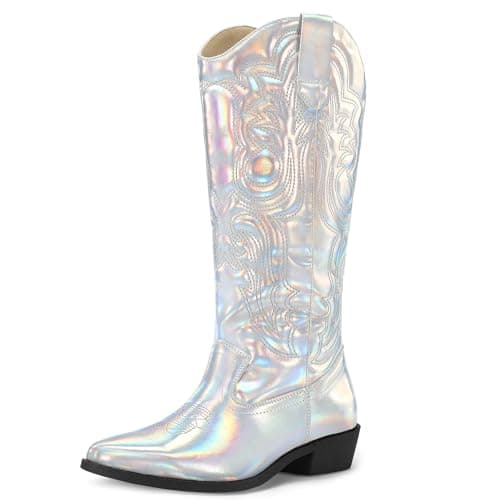 Mysoft Women's Cowboy Boots - Embroidered Knee High Pointed Toe Heel