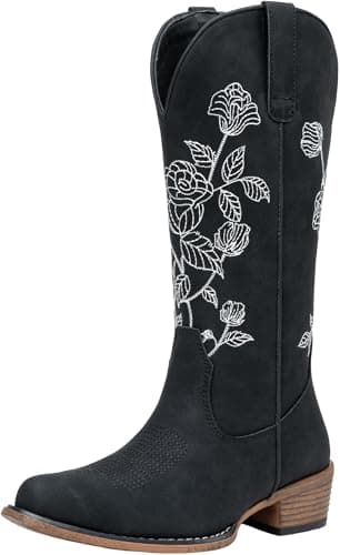 Jeossy Women's Embroidered Cowboy Mid Calf Boots