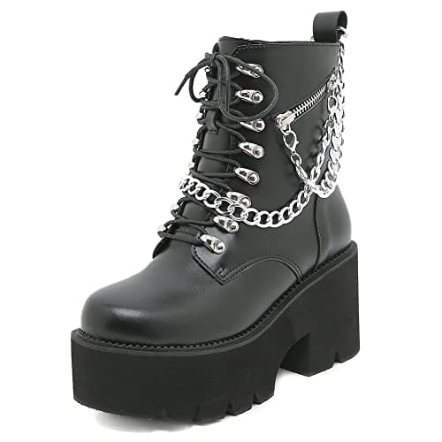 Mikarka Women's Black Chunky Heel Combat Booties