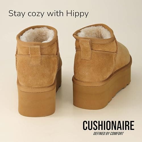 CUSHIONAIRE Hippy Women’s Cozy Suede Platform Ankle Boots with Faux Fur Lining - Comfortable Slip-Ons in Wide Widths