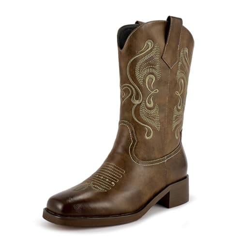 ISNOM Women's Western Boots with Square Toe and Unique Embroidery