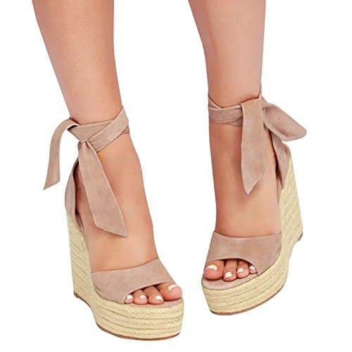 Fashare Women's Open Toe Wedge Heels Sandals with Tie Lace-Up Ankle Strap