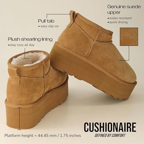 CUSHIONAIRE Hippy Women’s Cozy Suede Platform Ankle Boots with Faux Fur Lining - Comfortable Slip-Ons in Wide Widths