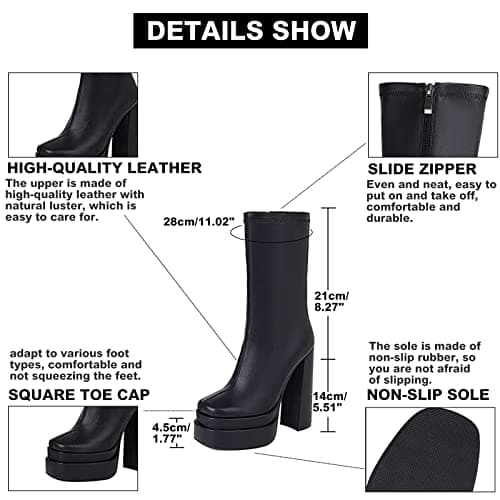 VOMIRA Women's Black Platform Zip Go Go Boots with Square Toe Heel