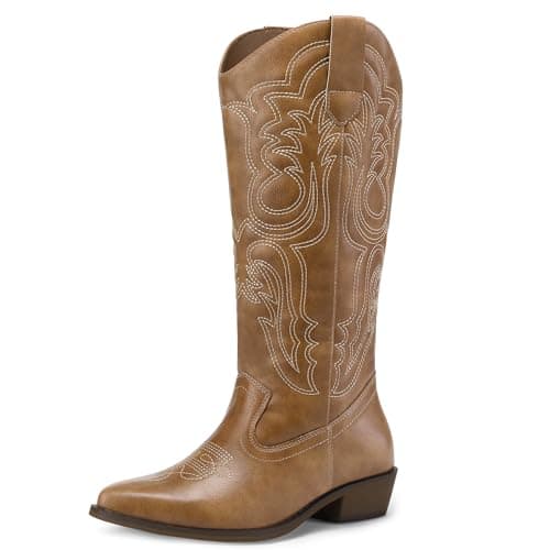 Mysoft Women's Cowboy Boots - Embroidered Knee High Pointed Toe Heel