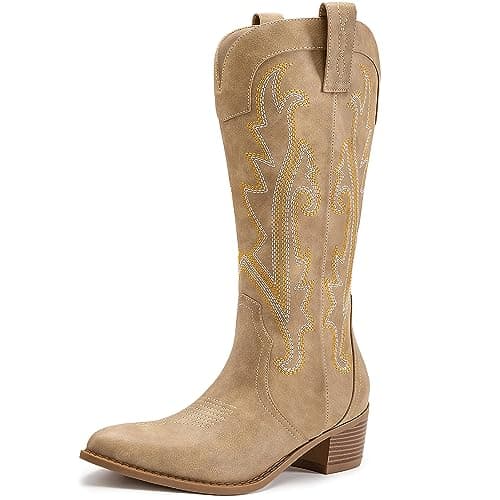 Athlefit Western Cowgirl Embroidered Mid Calf Boots