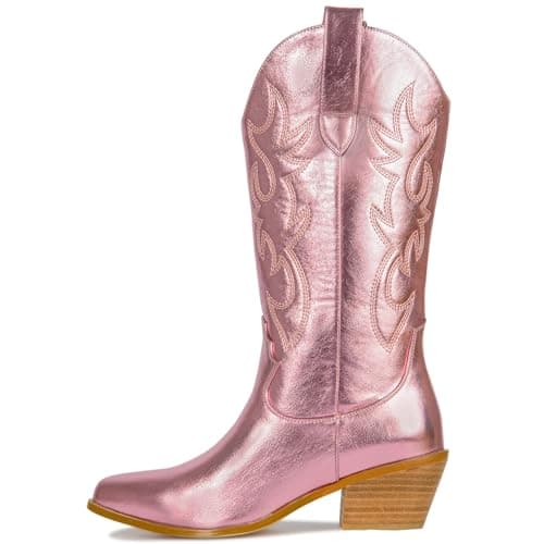 Ouepiano Women's Western Cowgirl Embroidered Boots, Mid Calf Pointed Toe Chunky Heel Pull-On Boots for Ladies