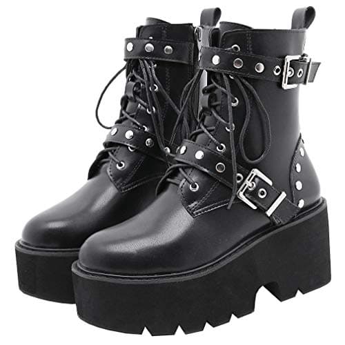 Goth Women's Platform Ankle Boots with Chunky High Heel and Lace Up Detail
