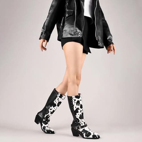 Cozivwaiy Women's Studded Cow Print Mid Calf Buckle Boots Chunky Heel Zipper