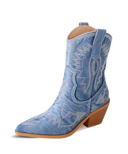 Reitoye Women's Embroidered Western Cowboy Mid Calf Boot with Chunky Heel
