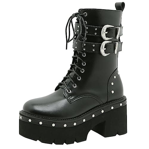 Goth Women's Platform Ankle Boots with Chunky High Heel and Lace Up Detail