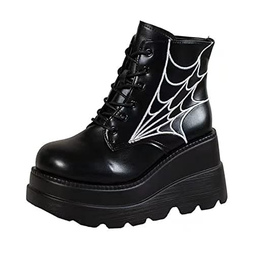 Gothniero Women's Black Holographic Combat Ankle Boots with Chunky Heel and Side Zip (US 5.5-11)