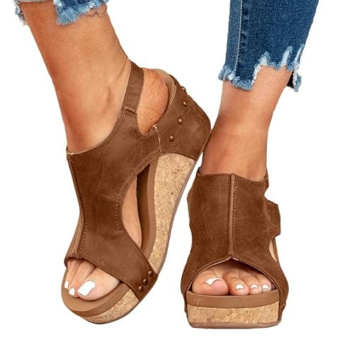 Inefole Women's Brown Leather Orthopedic Platform Sandals - Arch Support
