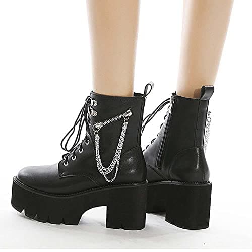 Mikarka Women's Studded Chain Ankle Boots - Chunky Heel Combat Booties