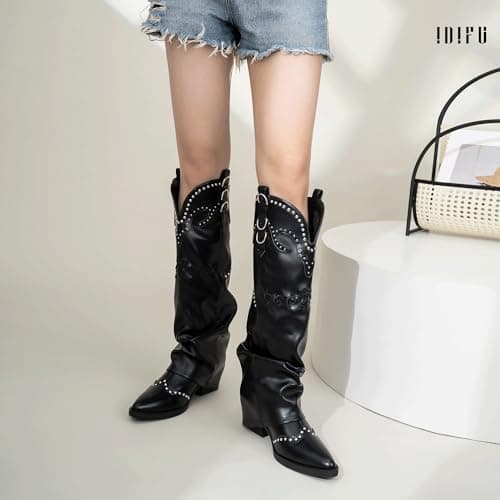IDIFU IN2 Fold Over Cowboy Boots - Women's Western Embroidered Knee High Heel