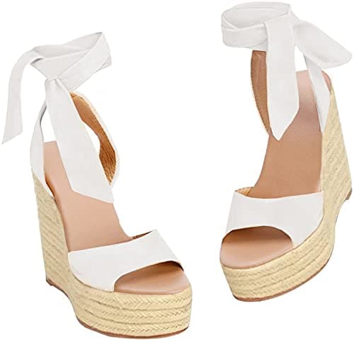 Fashare Women's Open Toe Wedge Heels Sandals with Tie Lace-Up Ankle Strap