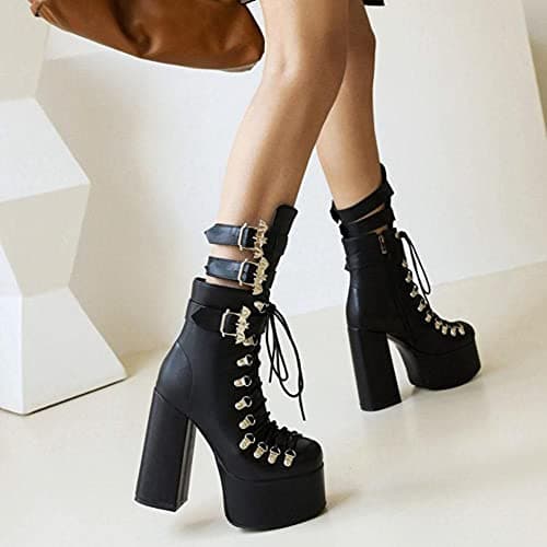 Goth Chunky Heel Lace Up Motorcycle Boots for Women