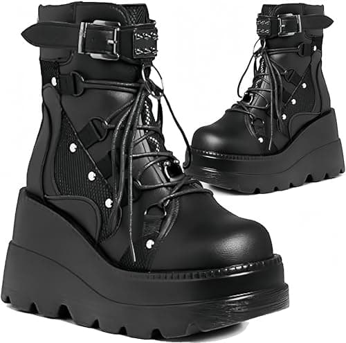 MACVISE Womens Gothy Platform Boots Chunky Heel Booties for Women Round Toe Combat Ankle Boots Lace Up Motorcycle Wedges Shoes