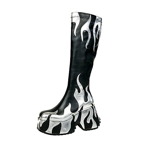 HiColor Women's High Heeled Flames Printing Chunky Sole Tall Boot