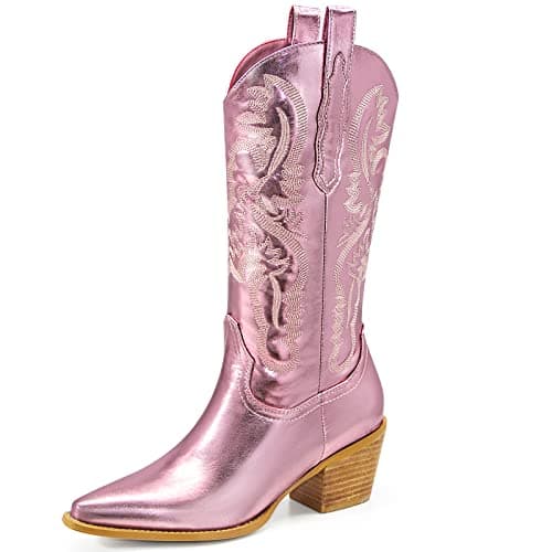 MUCCI Women's Embroidered Cowgirl Boots with Chunky Heel