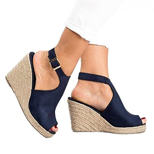 Women's Yiaor Summer Wedge Espadrille Sandals Open Toe Ankle Strap (Black, 8)