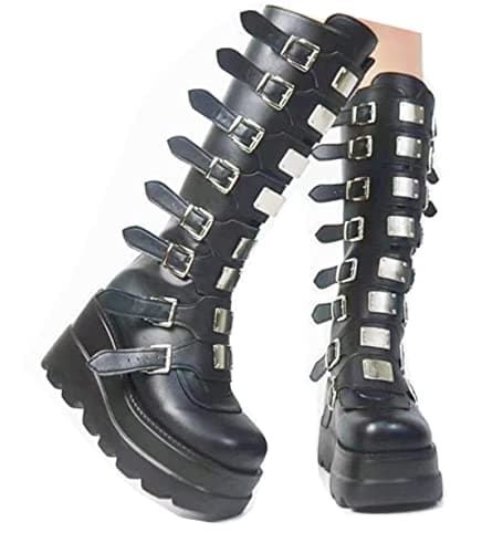 UOQAPRE Women's Winter Punk Chunky Mid-Calf Booties Heel Side Zip Rounds Toe