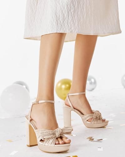VETASTE Women's Pleated Bow Knot Platform Bridal Heeled Sandals