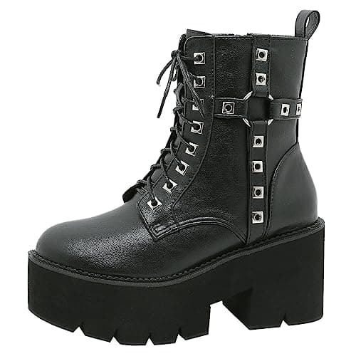 Goth Women's Platform Ankle Boots with Chunky High Heel and Lace Up Detail