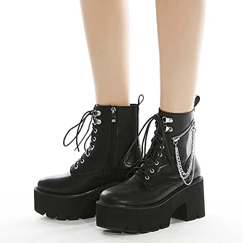 Mikarka Women's Studded Chain Ankle Boots - Chunky Heel Combat Booties