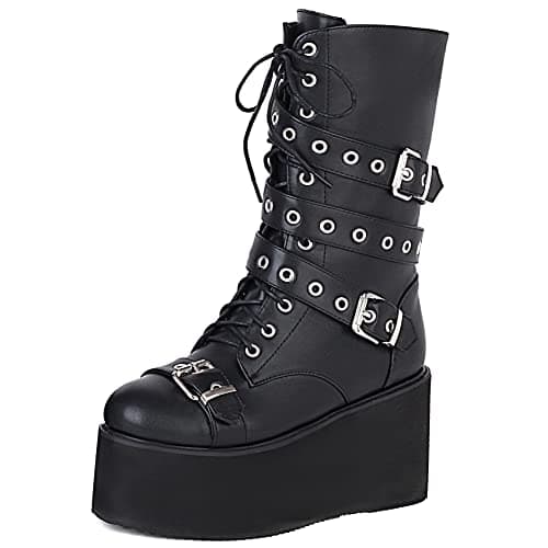 Mikarka Women's Holographic Lace-Up Mid-Calf Combat Wedge Boots