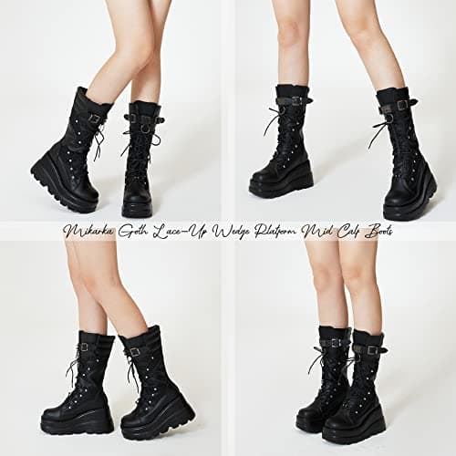 Mikarka Womens Holographic Combat Boot Wedge Heel Knee High Studded