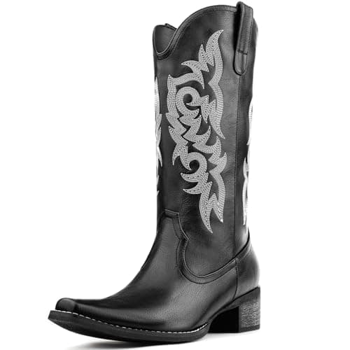 MISSMILLER Women's Cowboy Boots Mid Calf Embroidered Pointed Toe Heel