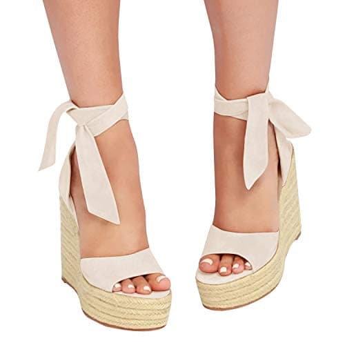 Fashare Women's Open Toe Wedge Heels Sandals with Tie Lace-Up Ankle Strap