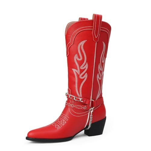 Faux Leather Cowboy Boots for Women with Chain & Embroidery