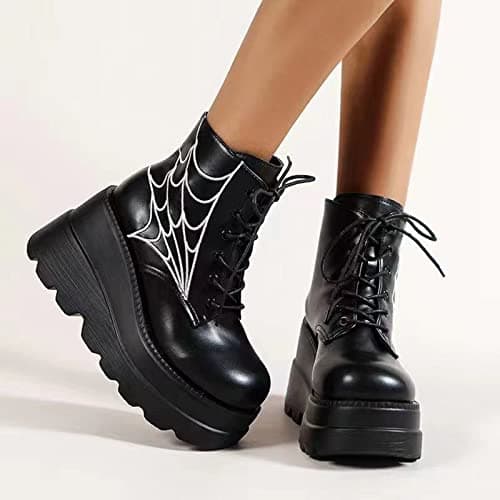 Women's Black Holographic Combat Chunky Heel Ankle Boots for Goth Style