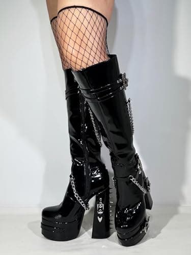 Frankie Hsu Black Patent Gothic Chunky Platform Heeled Boots Silver Chain Rivets