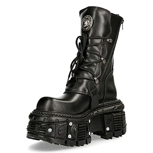 New Rock Black Leather Unisex Combat Platform Biker Goth Shoes Tank373-S1