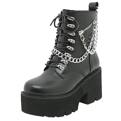 Goth Women's Platform Ankle Boots with Chunky High Heel and Lace Up Detail