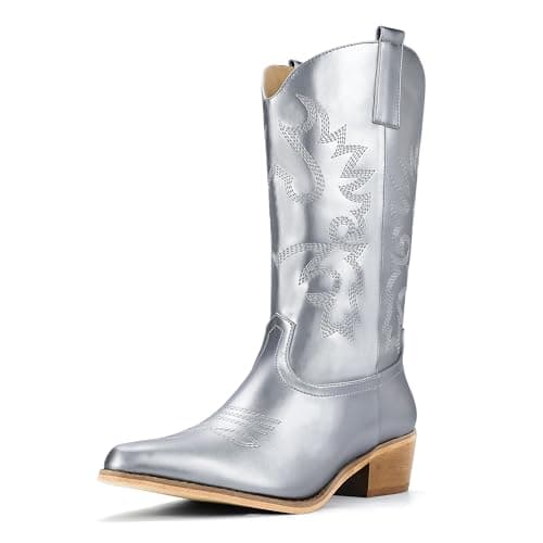 IDIFU Women's Mid-Calf Embroidered Cowboy Boots
