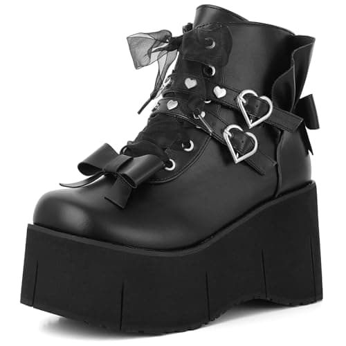 Tscoyuki Chunky Heel Platform Combat Boots for Women Gothic Raves