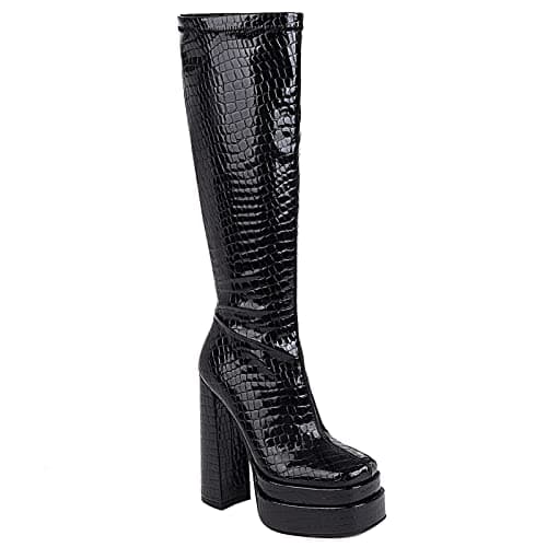 VOMIRA Women's Black Platform Zip Go Go Boots with Square Toe Heel