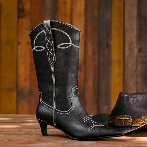 Wetkiss Embroidered Mid Calf Cowgirl Boots for Women